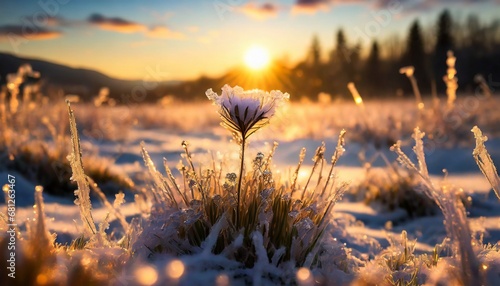 Winter landscape. Frozen flower   selective focus. Winter scene.  