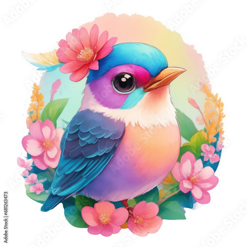 Sticker of cute bird surrounded by flowers. Watercolor illustration on transparent background. Png. Adorable cartoon animal. For print, textile, sticker pack element, children's book design
