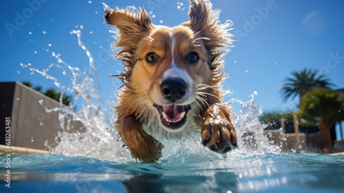 A dog goes swimming in water in summer