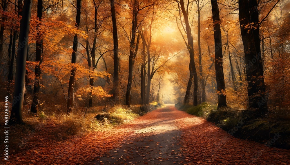 Autumn forest road in november leaves fall ground landscape on autumn background	
