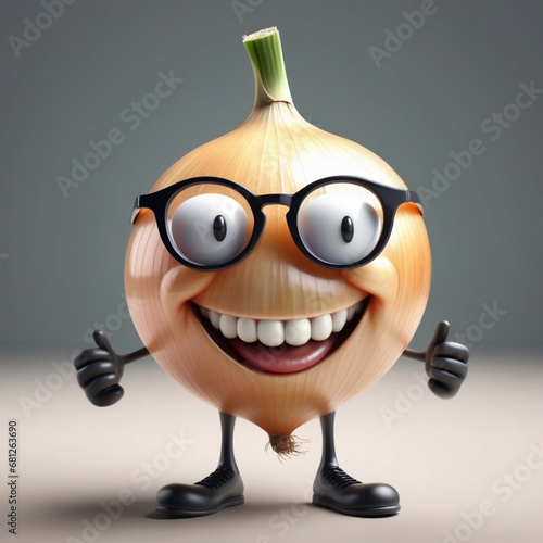 A realistic vetor art  design of a smiley onion wearing cycle glasses saying, text, 