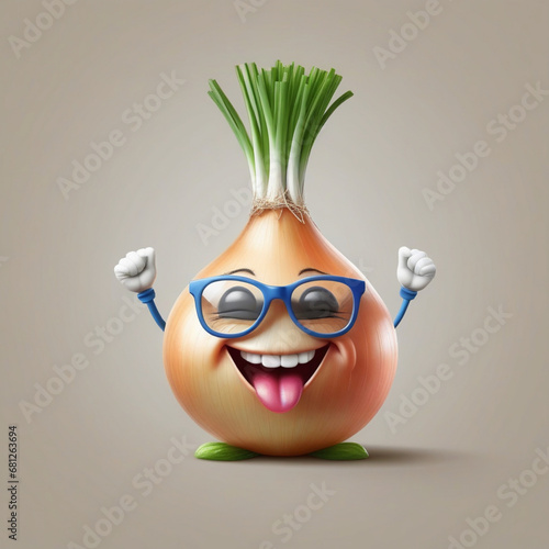 A realistic vetor art  design of a smiley onion wearing cycle glasses saying, text, 