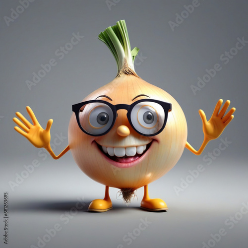 A realistic vetor art design of a smiley onion wearing cycle glasses saying, text, " I can make you cry ", illustration, typography, 3d render