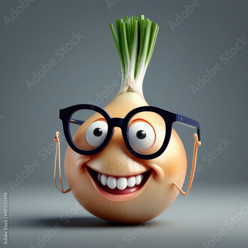 A realistic vetor art  design of a smiley onion wearing cycle glasses saying, text, 