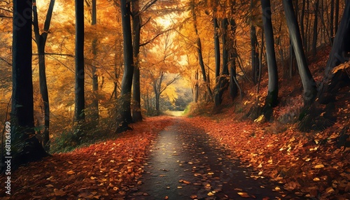Autumn forest road in november leaves fall ground landscape on autumn background 