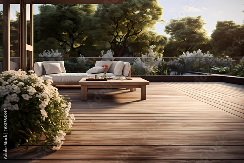 a wooden deck with patio furniture photo