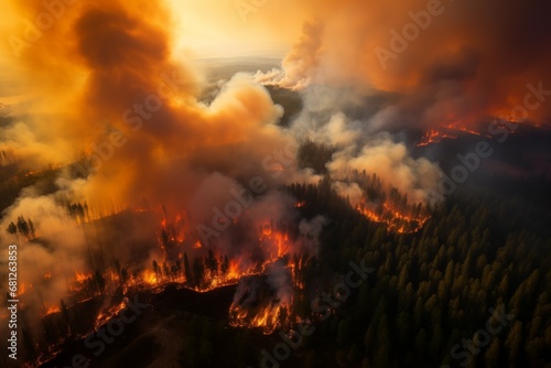 Aerial View of Wildfire Engulfing Vast Forest in California - A Stark Image of Forest Fire s Devastating Power