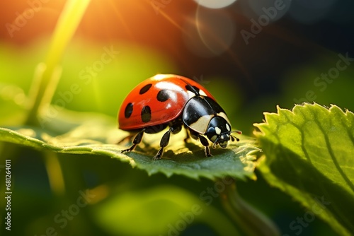 Closeup Macro Photography of a Ladybug Basking in Sunlight on a Vibrant Green Leaf, Embodying the Heart of Nature