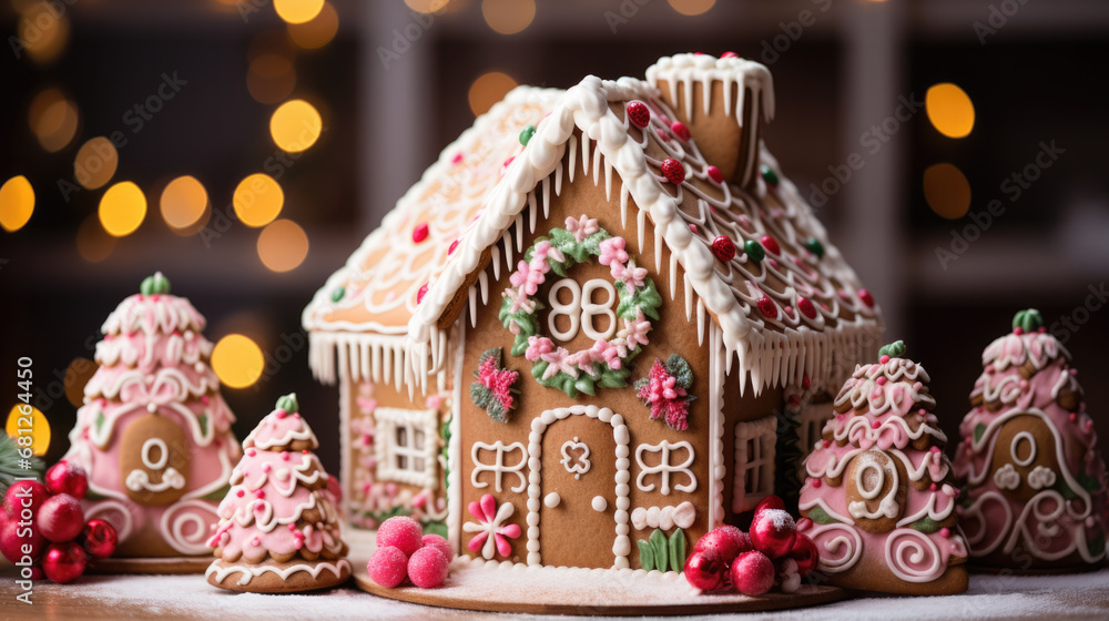 A gingerbread house decorated for Christmas with lots of icing
