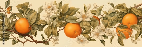 Vintage Elegant Detailed Wallpaper of Fresh Oranges Fruit in a Garden.
