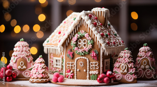 A gingerbread house decorated for Christmas with lots of icing