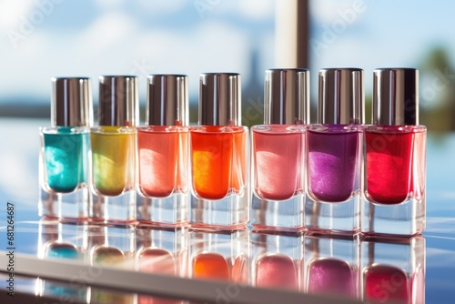Bright nail polish bottles with reflective caps displayed in sunlight