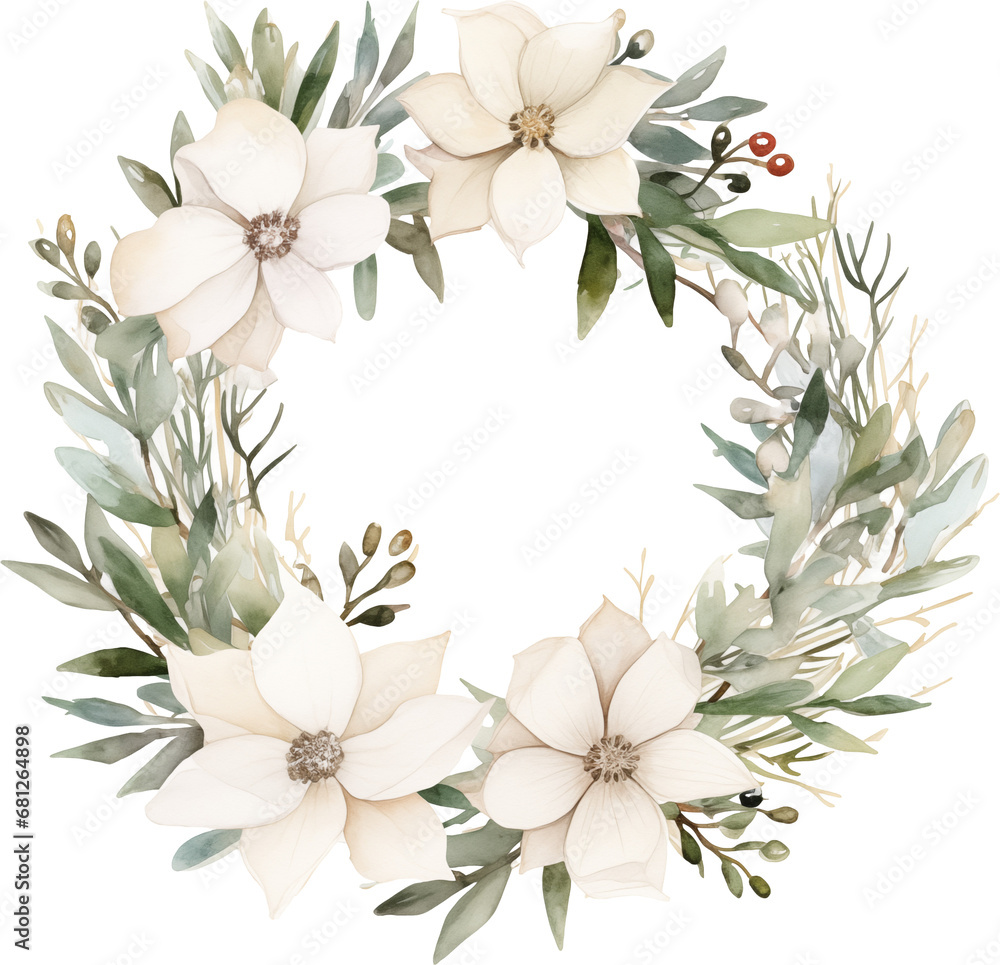 Christmas white floral wreath Watercolor, Cozy Neutral