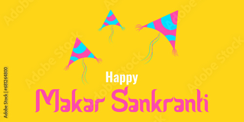 Makara Sankranti sunny holiday of India. Colored kites on a yellow background. Concept holiday. Poster, leaflet, website design Vector illustration.