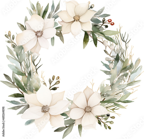 Christmas white floral wreath Watercolor, Cozy Neutral © SoCuteArtShop