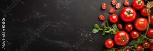 Freshly Picked Tomatoes and Basil on Slate Background: Perfect Ingredients for Italian Cuisine, With Plenty of Space for Advertisement or Text