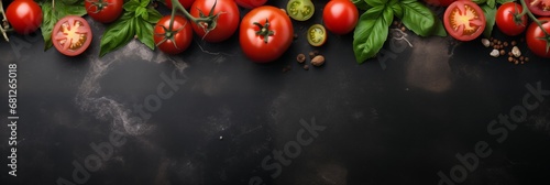 Fresh Italian Basel and Ripe Tomatoes Set on Slate Banner with Plenty of Copyspace, Perfect for Food-Themed Designs