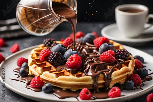 Waffle with red forest fruit while pouring hot chocolate on it