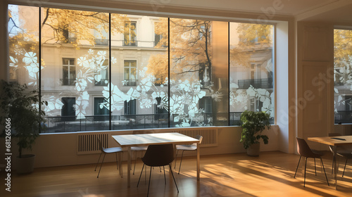 Photo d'un grand bureau vide à Paris, espace de travail en entreprise avec baie vitrée photo
