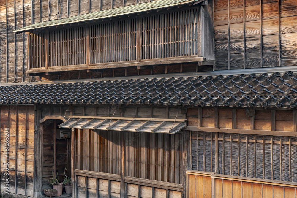 Wooden walls and screens for privacy in Japanese houses.
Weathered wood panels used in historic houses in Japan.
