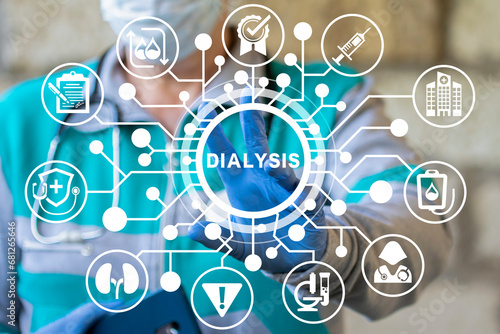 Doctor using virtual touch interface sees word: DIALYSIS. Dialysis or blood circulation. Continuous ambulatory peritoneal dialysis at home. Suitable for health. Hemodialysis procedure.