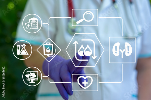 Foto Doctor or scientist using virtual touch interface presses icon: blood drops