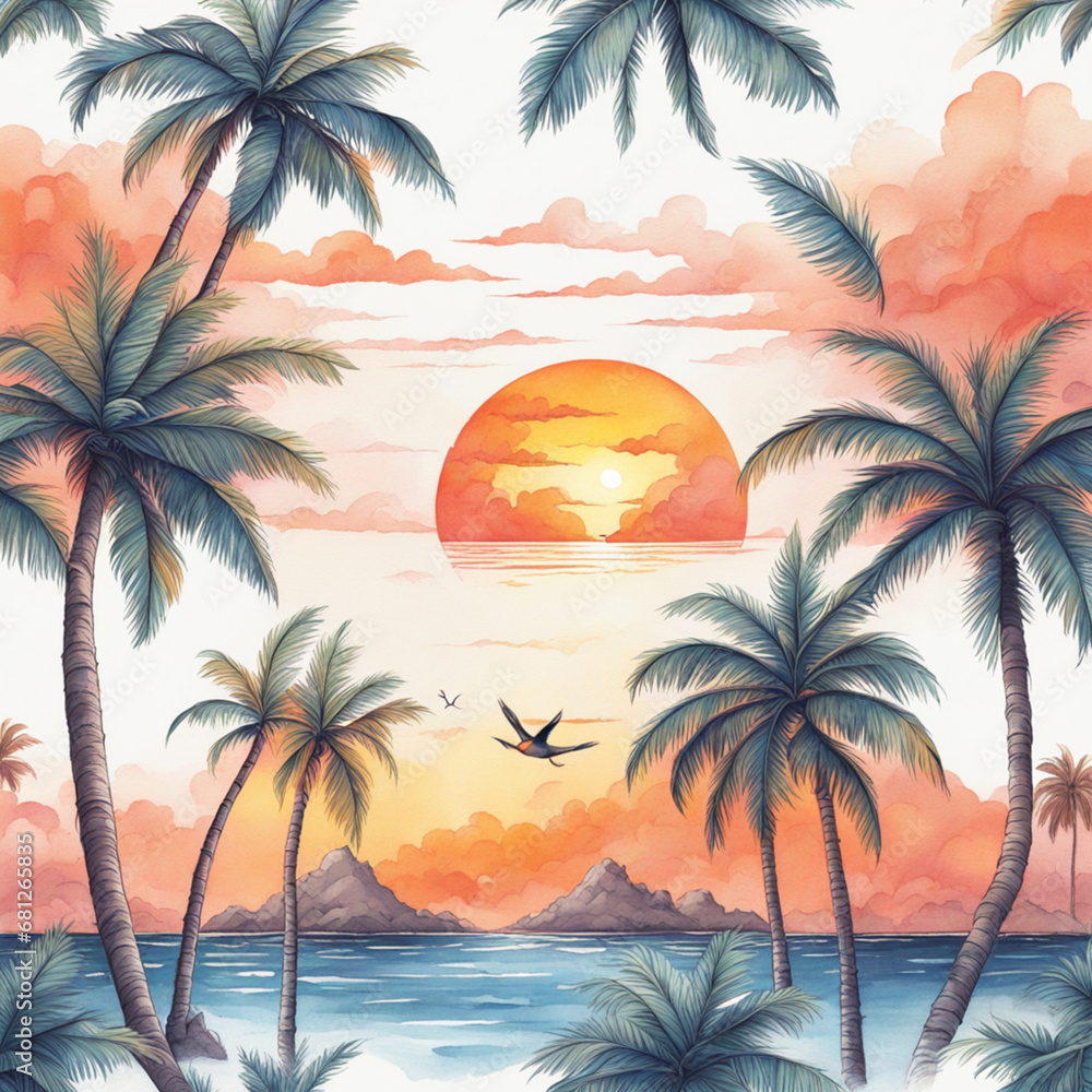 Tropical Sunset tshirt design, 4k, creative, ultra detailed, white background ,Pacific style, painting