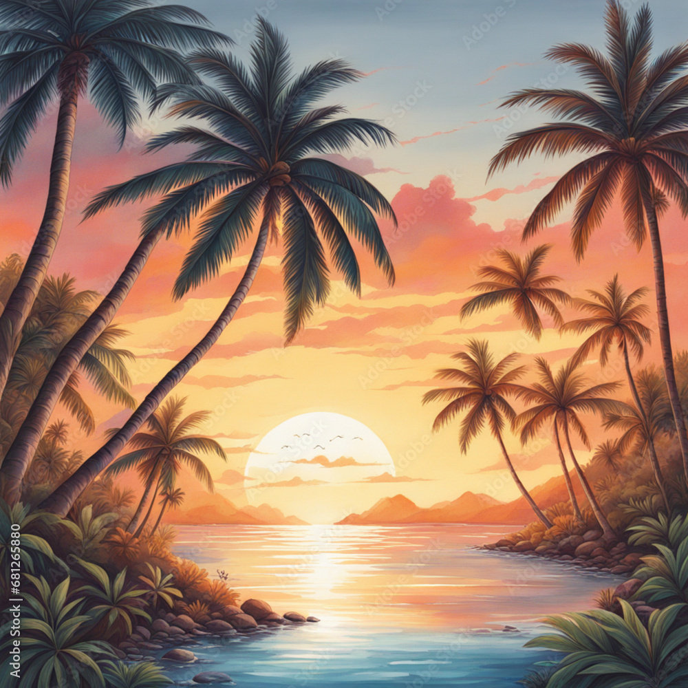 Tropical Sunset tshirt design, 4k, creative, ultra detailed, white background ,Pacific style, painting