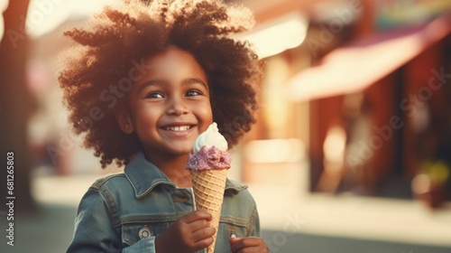 Child smiling and with an ice cream cone in hand. Generative AI