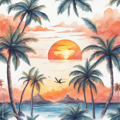 Tropical Sunset tshirt design  4k  creative  ultra detailed  white background  Pacific style  painting