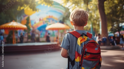 Back view of child with colorful school backpack, going to school, bokeh background. Generative AI