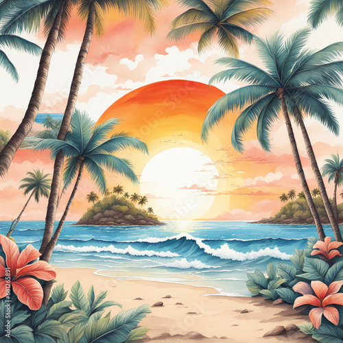 Tropical Sunset tshirt design  4k  creative  ultra detailed  white background  Pacific style  painting