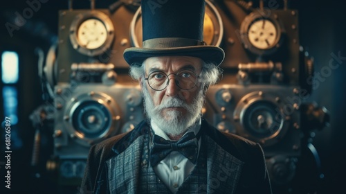 Elderly man in steampunk style clothing, machinery with gears in the background, bokeh background. Generative AI photo