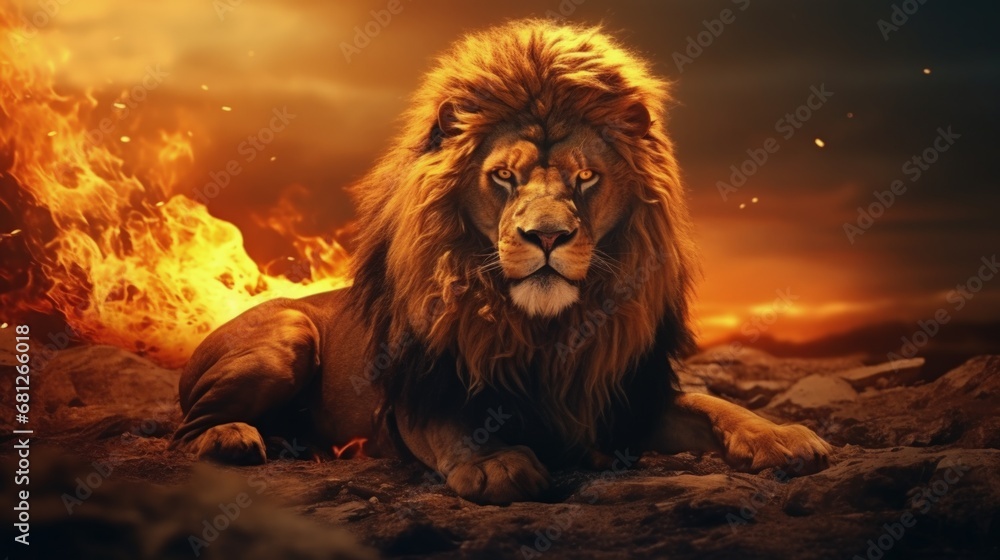Naklejka premium Illustration of a fierce lion, background with fire flames. Generative AI