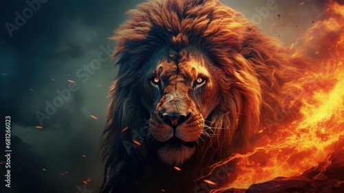 Illustration of a fierce lion, background with fire flames. Generative AI