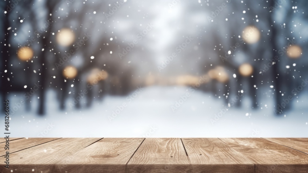 Naklejka premium Empty table in beautiful winter landscape, wood plank board in snow mountain outdoor comeliness