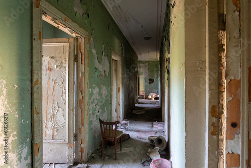 abandoned interior, corridor in a creepy place, abandoned sanatorium © vadimborkin