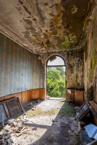 abandoned room, hotel interior in ruins