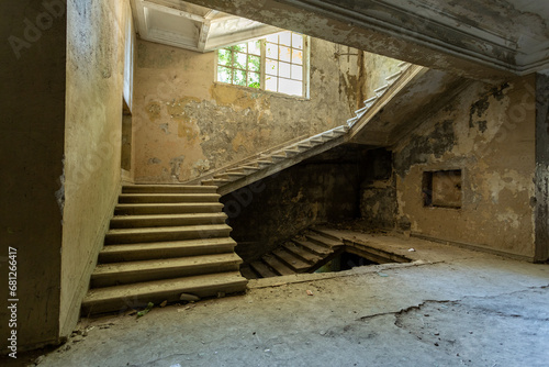 staircase in an abandoned interior, abandoned sanatorium © vadimborkin
