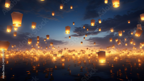 Paper lanterns flying above misty lake at night