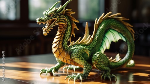 2024 Symbol of New Year: Green Wood Dragon. Wooden figurina standing on table © Юлия Блажук