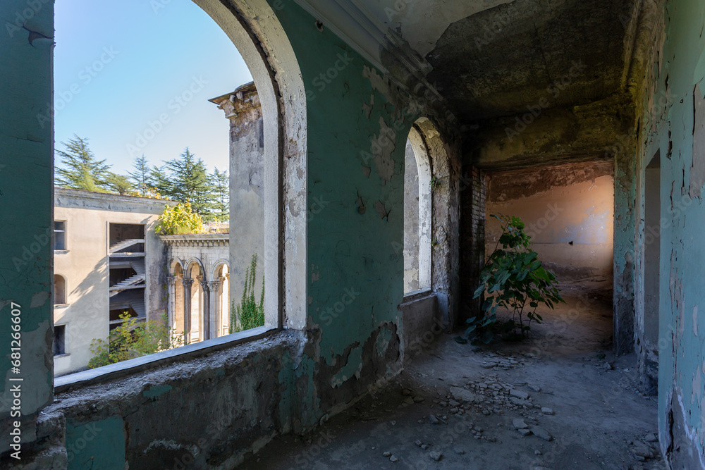 abandoned interior, corridor in a creepy place, abandoned sanatorium