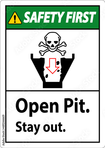 Safety First Sign Open Pit, Stay Out
