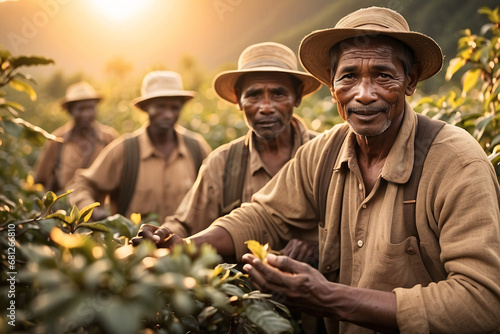 local african old man and workers picking coffee beans in the field
