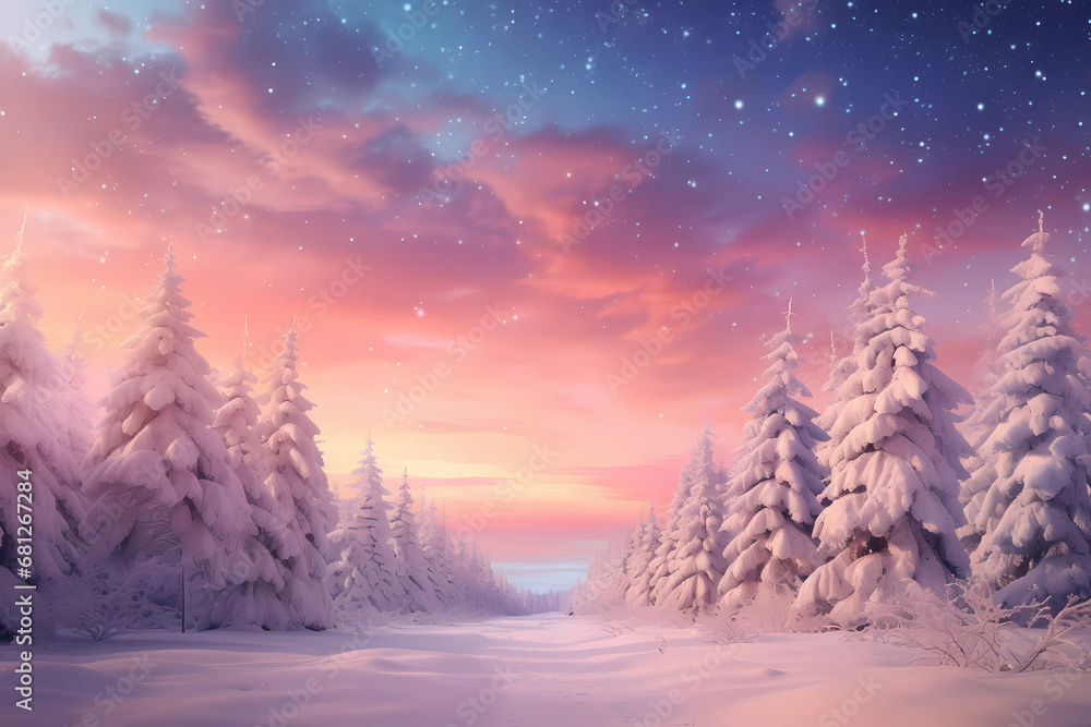Winter landscape with snowy snowfall of trees and snowflakes at sunset
