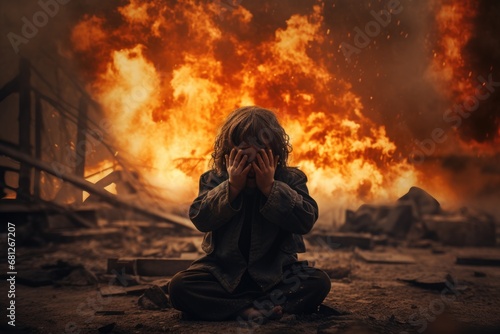 a little boy is crying covering his face with his hands against the backdrop of a war explosion photo