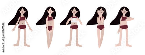 Five Asian girls in swimsuits. Calm standing poses: thumbs up, piece of paper in hands. Pale skin and dark hair. Vector illustration in flat style