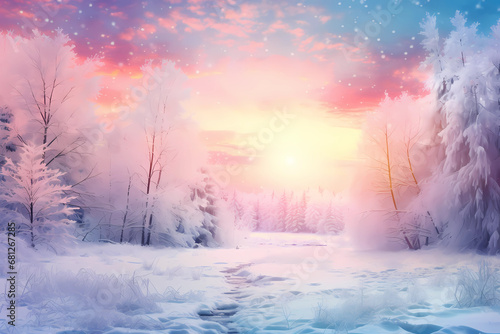 Winter landscape with snowy snowfall of trees and snowflakes at sunset