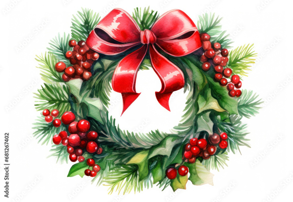 Christmas Wreath With Red Ribbon Bow and Red Berries Isolated on White Background Christmas Wreath With Red Ribbon Bow and Red Berries Isolated on White Background