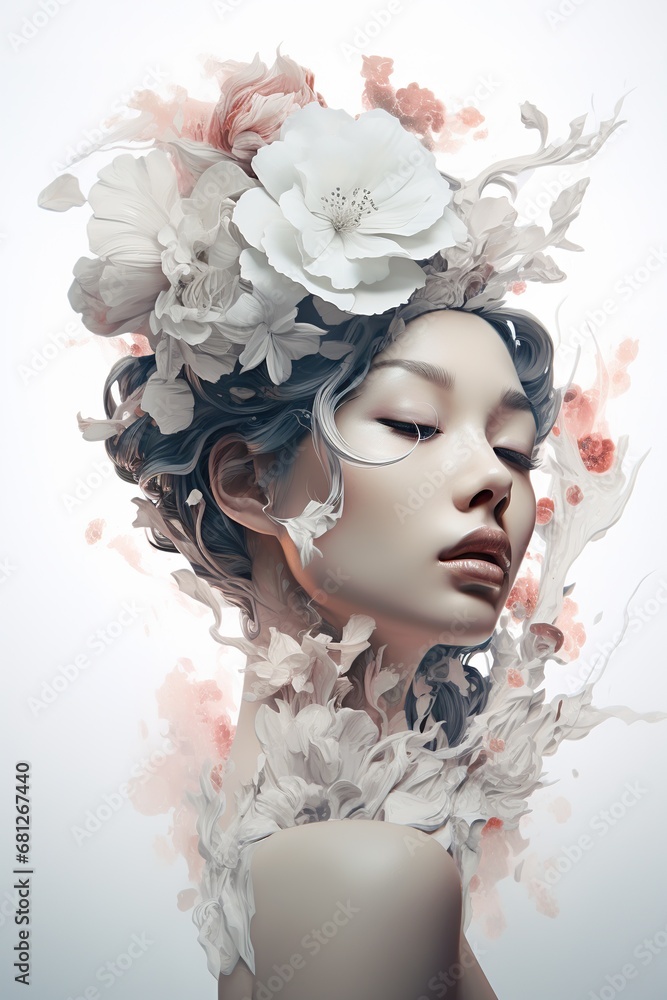 an East Asian woman's beautiful face and blooming flowers that compose her face, collage art